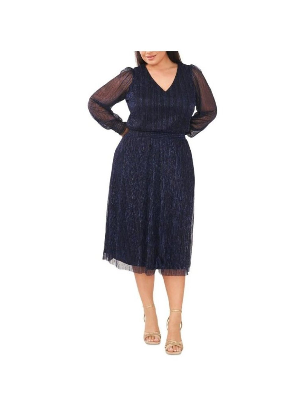 NWT MSK Womens Navy Blue Metallic Smocked V-Neck Long Sleeve Midi Dress PLUS 3X